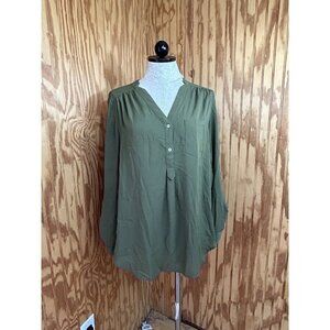 ModCloth Blouse Pullover V-Neck Solid Green Long Sleeve Blouse Size M